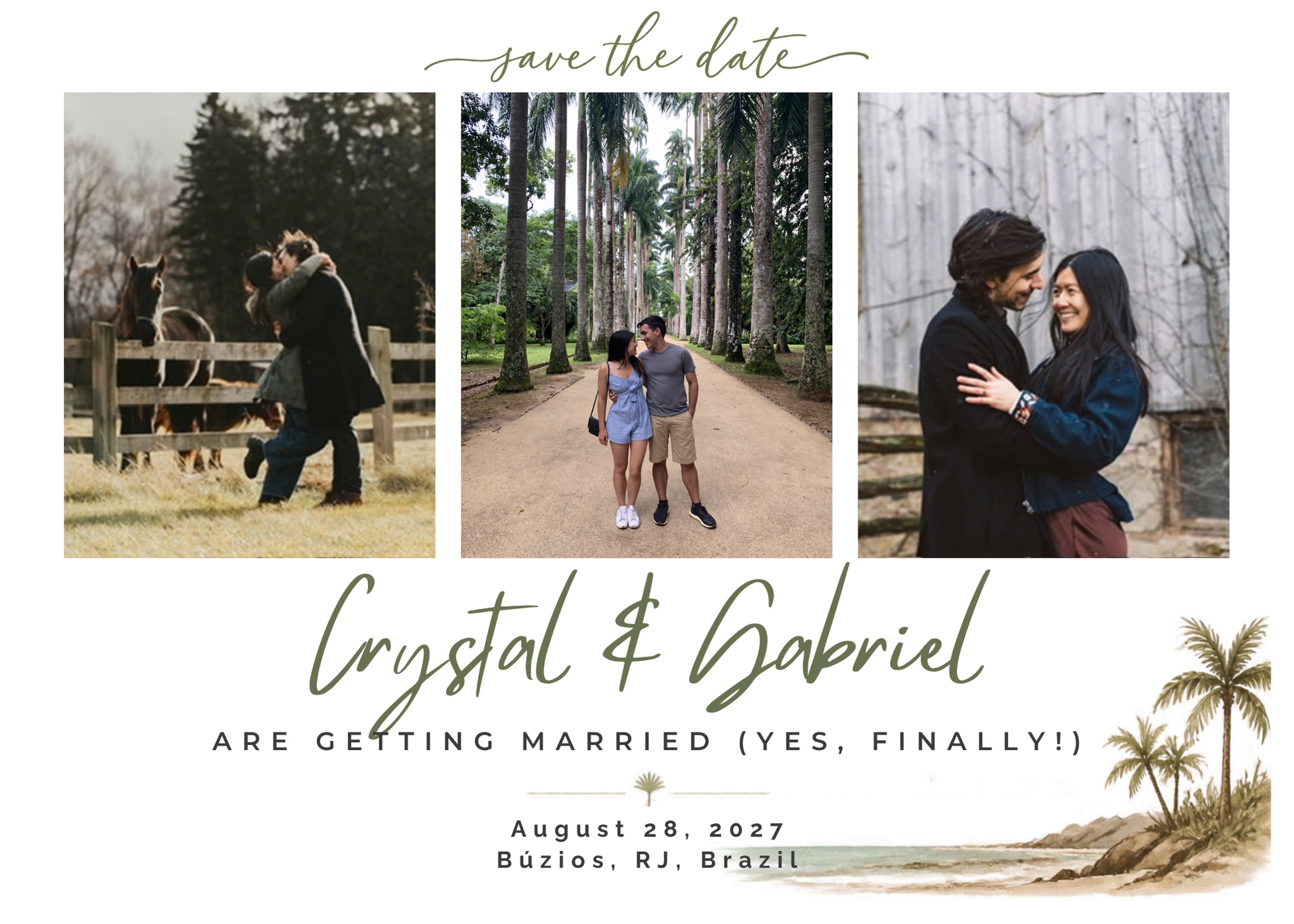 Crystal and Gabriel are getting married on August 28, 2027 in Búzios, Rio de Janeiro, Brazil. A collage of three photographs of the couple.